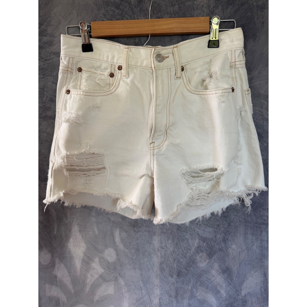 American Eagle Womens Distressed White Denim‎ Shorts High Waisted Raw Hem Size 6